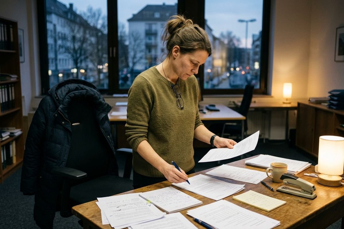 Eine Frau steht abends im Büro und prüft einen Ausdruck mit dem Stift in der Hand noch einmal Zeile für Zeile